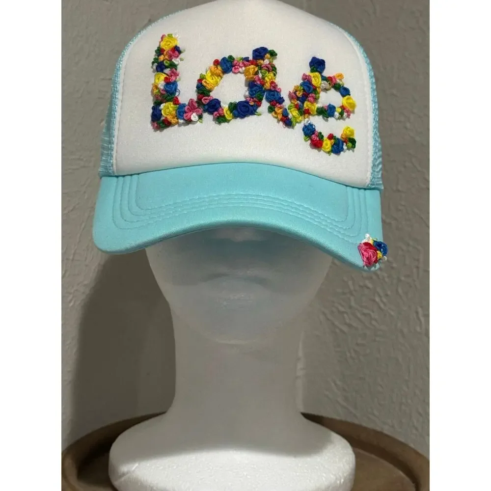 Hand Embroidered LOVE Floral Truckers Hat